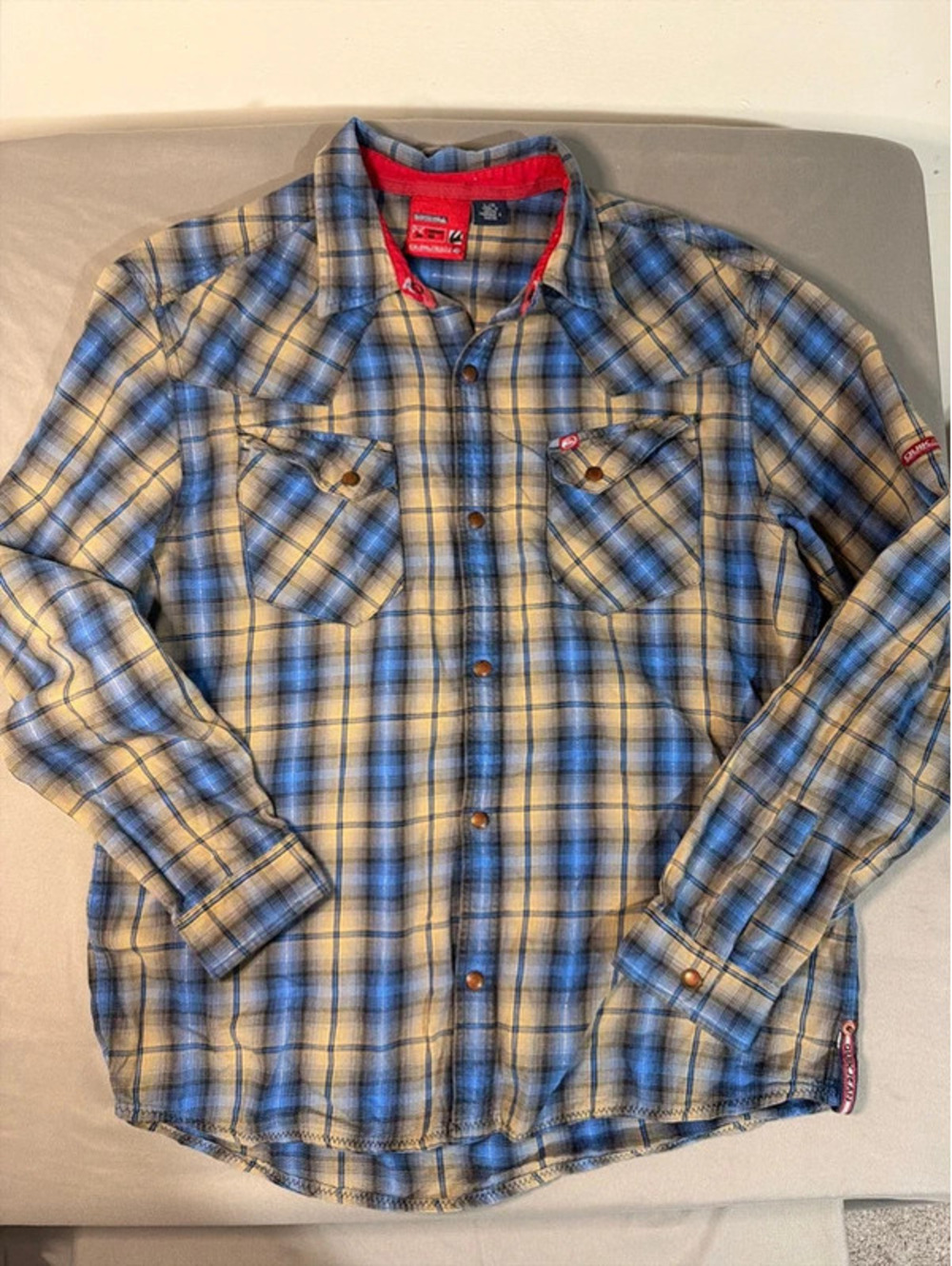 Quicksilver Youth Boys Button-Up Light Flannel Shirt Boys Size Large Gold & Blue